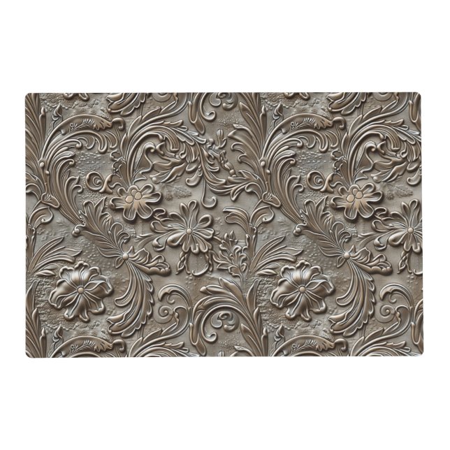 Rustic taupe tooled leather floral placemat (Front)