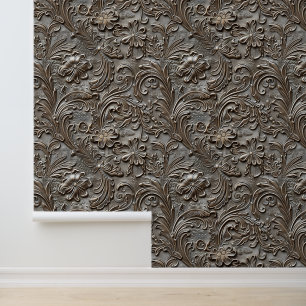 Rustic taupe tooled leather wallpaper
