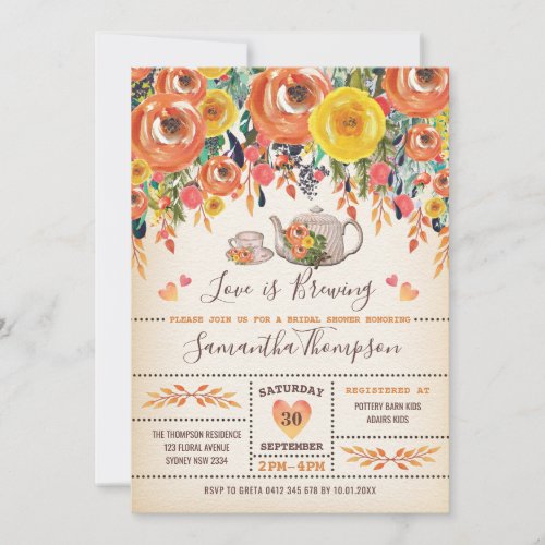 Rustic Tea Bridal Shower  Fall Autumn Floral Invitation