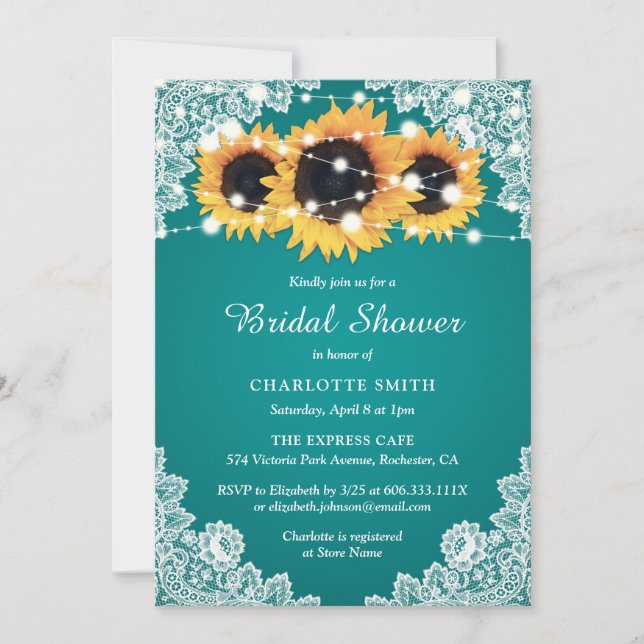 Rustic Tea Lace Sunflower Bridal Shower Invitation (Front)
