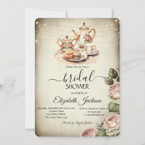 Rustic Tea SetString LightsRoses Bridal Shower  Invitation