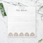 Rustic Teacher Appreciation Boho Rainbow Notepad<br><div class="desc">Boho rainbow rustic teacher appreciation gift notepad geared towards teachers of younger students featuring a pale white wood background, colorful boho rainbow border and custom teacher name template in a stylish script calligraphy font. A bohemian style, cute kindergarten and preschool teacher gift they can use to send thoughtful notes home...</div>