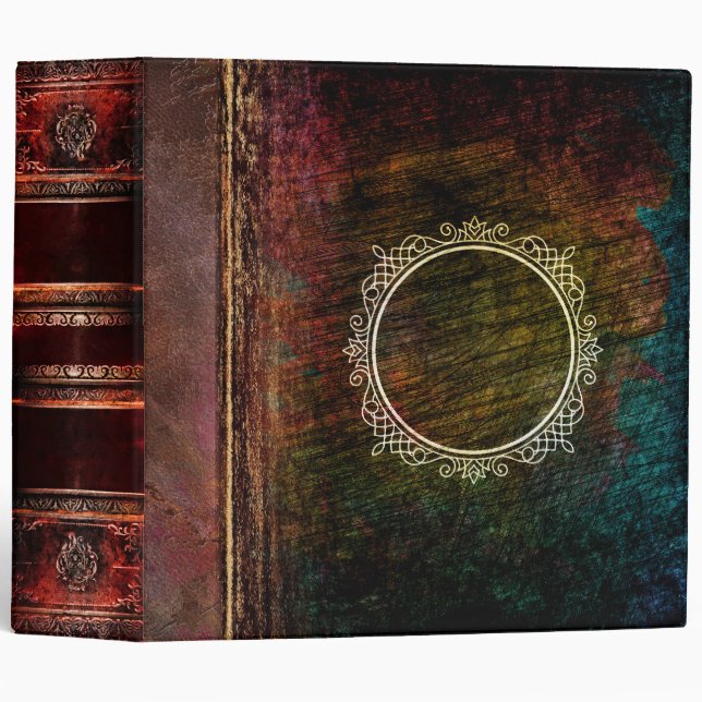 Rustic Teal and Brown Gold Crest Ancient Tome 3 Ring Binder (Front/Spine)