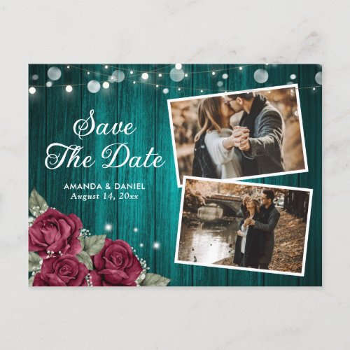 Rustic Teal and Burgundy Floral Wedding Photo Announcement Postcard