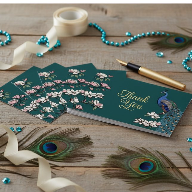 Rustic Teal and Gold Peacock Thank You Card (Elegant Blue Teal Peacock & Magnolia Flowers Thank You Card. Chic Teal Peafowl Card with Gold Foil)