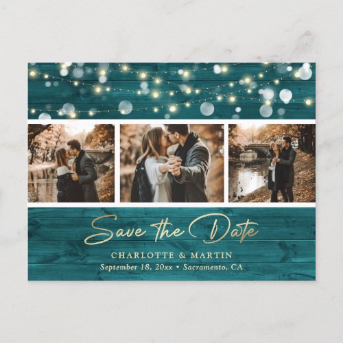 Rustic Teal and Gold Wedding Photo Save The Date Announcement Postcard