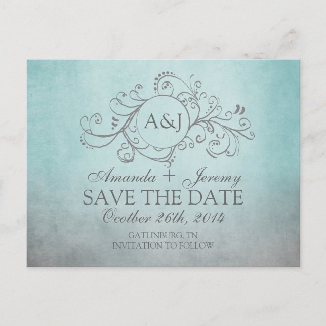 Rustic Teal and Grey Bohemian Save The Date Announcement Postcard (Front)