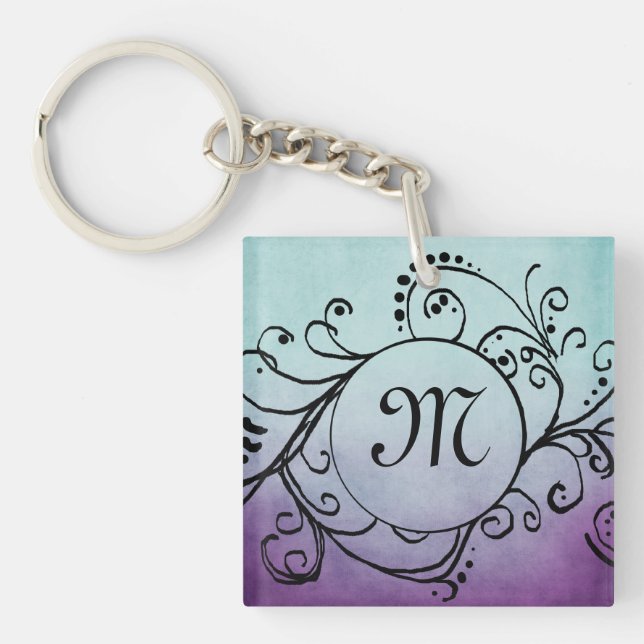 Rustic Teal and Purple Bohemian  Flourish Keychain (Front)