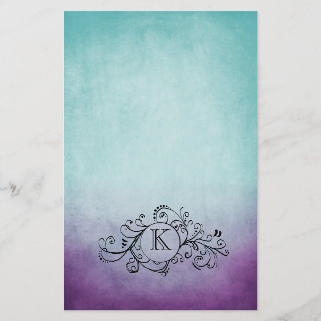 Rustic Teal and Purple Bohemian  Flourish Stationery (Front)
