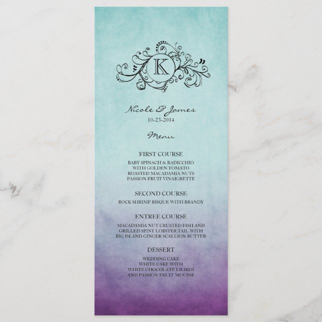 Rustic Teal and Purple Bohemian Wedding Menu (Front)
