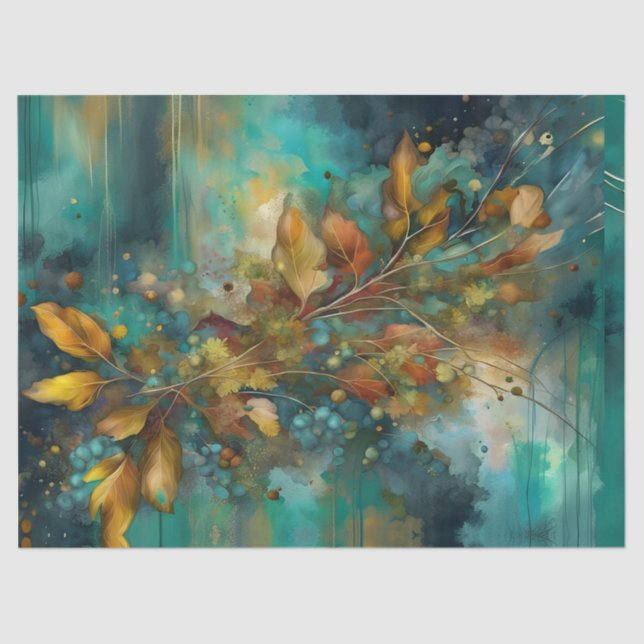 Rustic Teal Autumn Sprig leaves floral Tissue Paper (Front)
