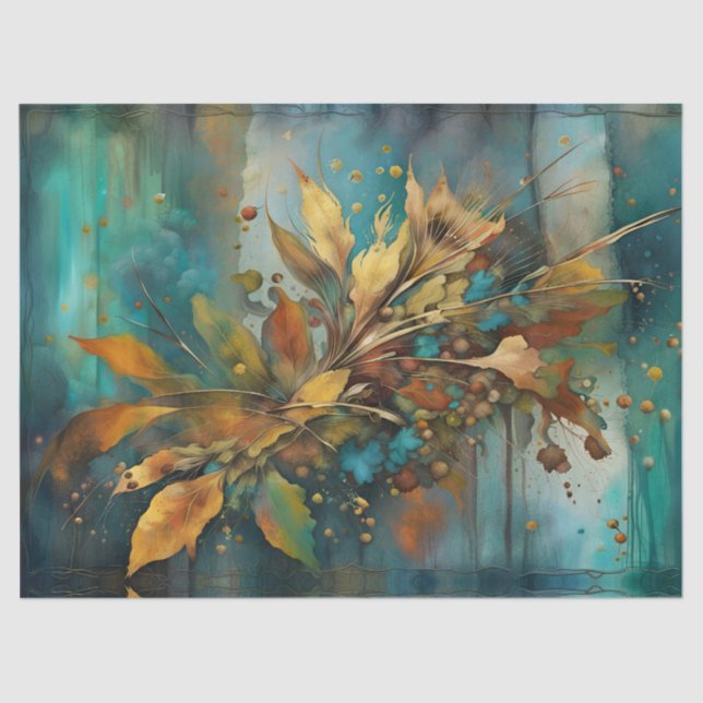 Rustic Teal Autumn Sprig leaves floral Tissue Paper (Front)