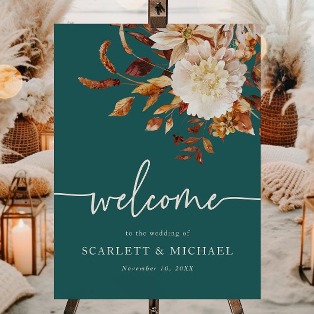 Rustic Teal Autumn Welcome Poster (Rustic Watercolor Leaf Floral Teal Autumn Welcome Sign Poster by Painted Paperie
)