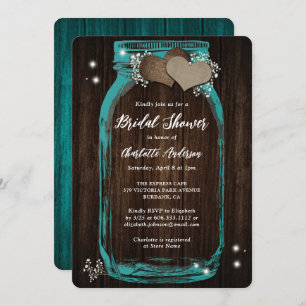 Rustic Teal Baby's Breath Mason Jar Bridal Shower Invitation