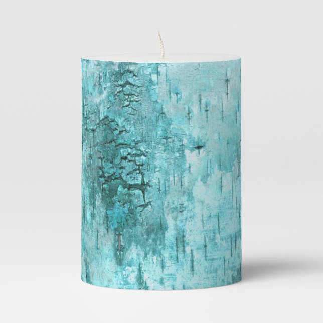 Rustic teal bark background deep rich saturated  pillar candle (Front)