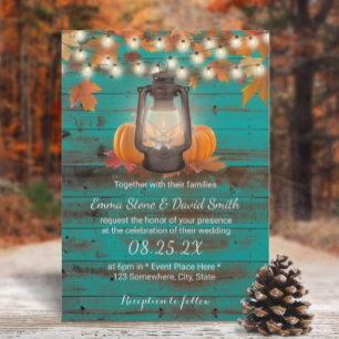 Rustic Teal Barn Lantern & Pumpkins Fall Wedding Invitation