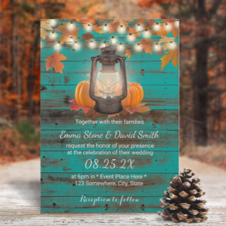 Rustic Teal Barn Lantern & Pumpkins Fall Wedding Invitation