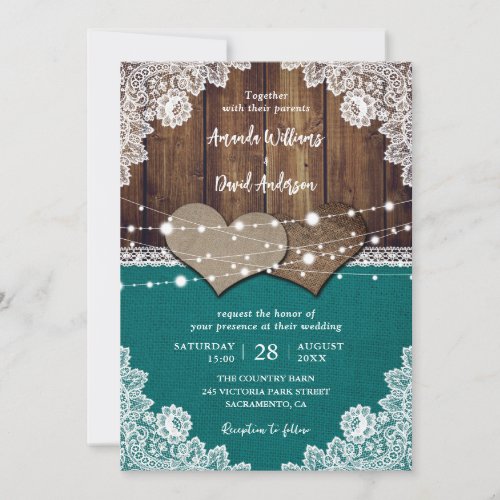 Rustic Teal Barn Wood Burlap Lace Wedding Invitation