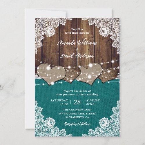 Rustic Teal Barn Wood Burlap Lace Wedding Invitation