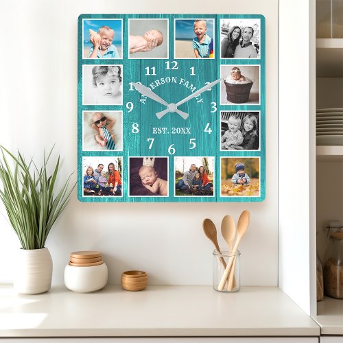 Rustic Teal Barn Wood Farmhouse 12 Photo Collage Square Wall Clock