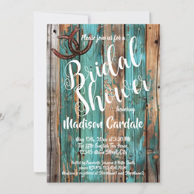 Rustic Teal Barn Wood Horseshoe Bridal Shower Invitation (Front)