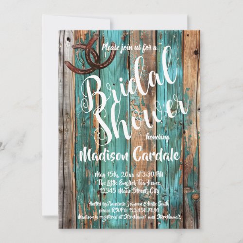 Rustic Teal Barn Wood Horseshoe Bridal Shower Invitation