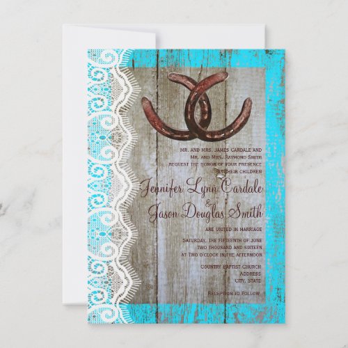 Rustic Teal Barn Wood Horseshoe Wedding Invitation