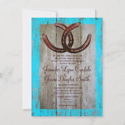 Rustic Teal Barn Wood Horseshoe Wedding Invitation