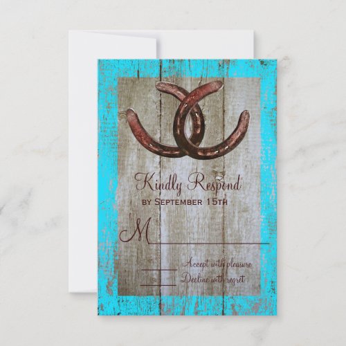 Rustic Teal Barn Wood Horseshoe Wedding RSVP Cards