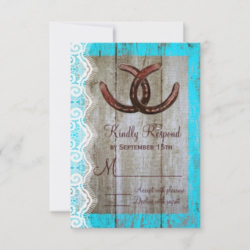 Rustic Teal Barn Wood Horseshoe Wedding RSVP Cards