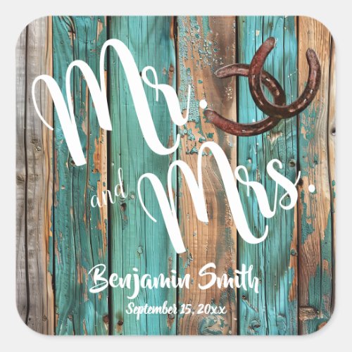 Rustic Teal Barn Wood Horseshoe Wedding Square Sticker