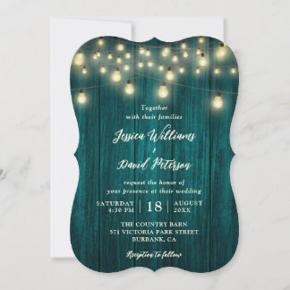 Rustic Teal Barn Wood String Lights Wedding Invitation
