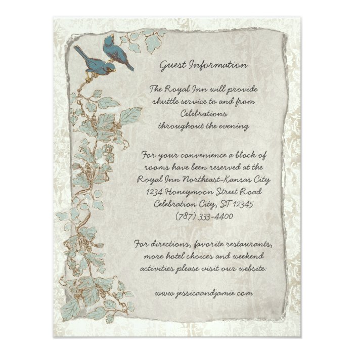 Rustic Teal Birds Damask Wedding Information Card