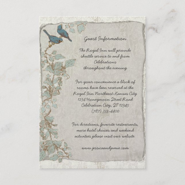 Rustic Teal Birds Damask Wedding Information Card (Front)