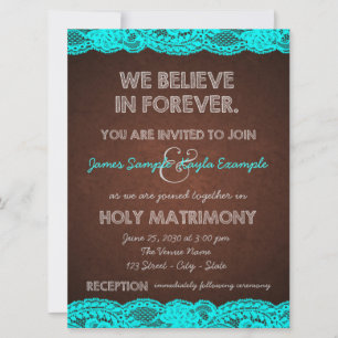 Rustic Teal Blue and Brown Country Wedding Invitation