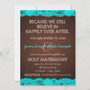Rustic Teal Blue and Brown Country Wedding Invitation