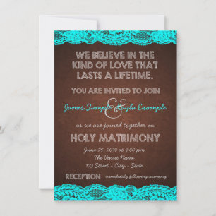Rustic Teal Blue and Brown Country Wedding Invitation