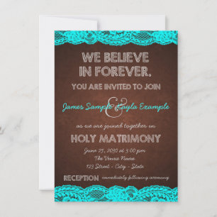 Rustic Teal Blue and Brown Country Wedding Invitation