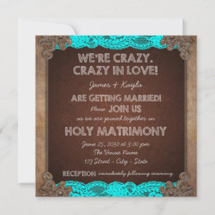 Rustic Teal Blue and Brown Old Fashioned Wedding Invitation