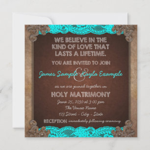 Rustic Teal Blue and Brown Old Fashioned Wedding Invitation
