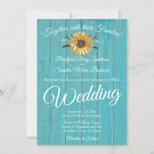 Rustic Teal Blue Barn Wood Sunflower Wedding Invitation