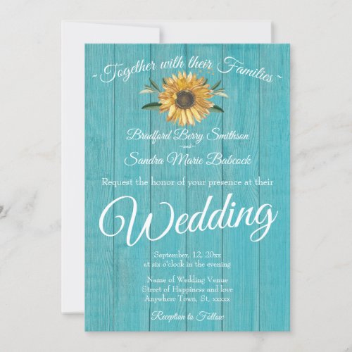 Rustic Teal Blue Barn Wood Sunflower Wedding  Invitation