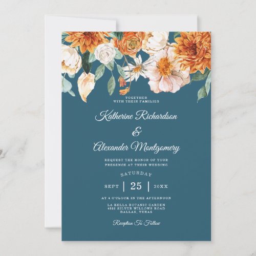 Rustic Teal Blue Burnt Orange Floral Fall Wedding Invitation