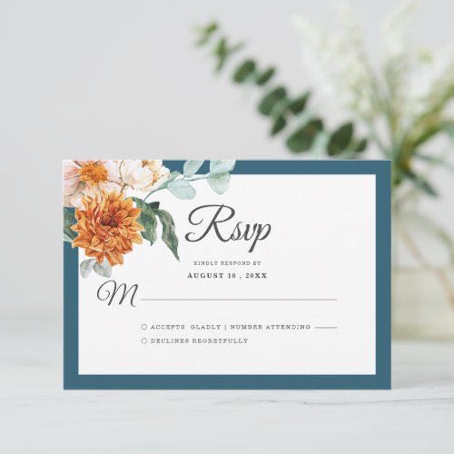 Rustic Teal Blue Burnt Orange Floral Fall Wedding  RSVP Card