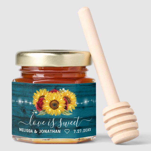 Rustic Teal Blue Green Sunflower Red Rose Wedding Honey Jar Favors (Front)