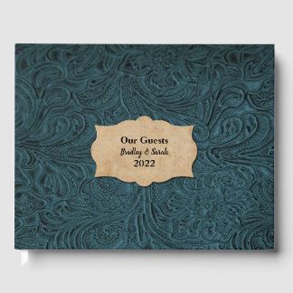 Rustic Teal Blue Leather (Faux) Personalized Guest Book