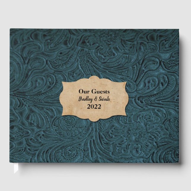 Rustic Teal Blue Leather (Faux) Personalized Guest Book (Front)