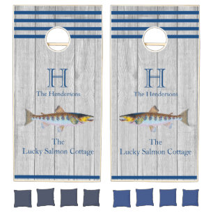 Rustic Teal Blue Navy Salmon Coastal Gray wood Cornhole Set