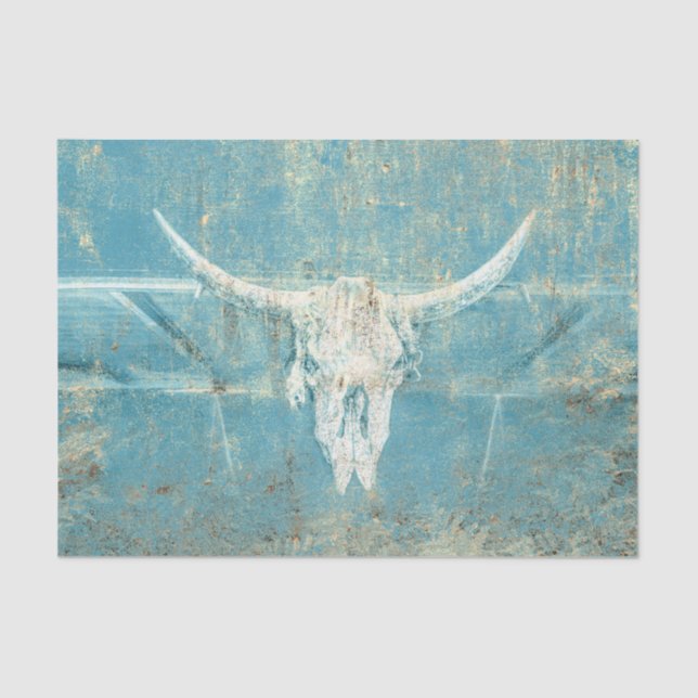 Rustic Teal Blue Texture Western Bull Cow Skull Tissue Paper (Front)