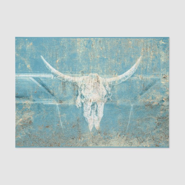 Rustic Teal Blue Texture Western Bull Cow Skull Tissue Paper (Front)